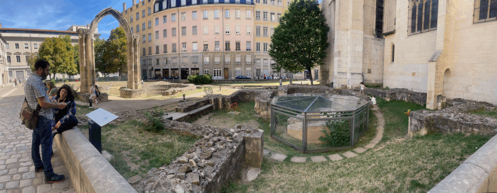Kristian and Lilian survey the ruins of an ancient cathedral