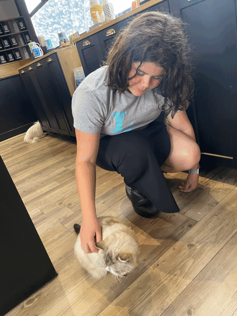 Lilian pets a kitty cat