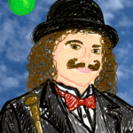 A colorful illustration of a man with curly hair and a mustache, dressed in a formal suit with a bow tie. He holds a cane and stands against a blue sky with a green apple in the corner.