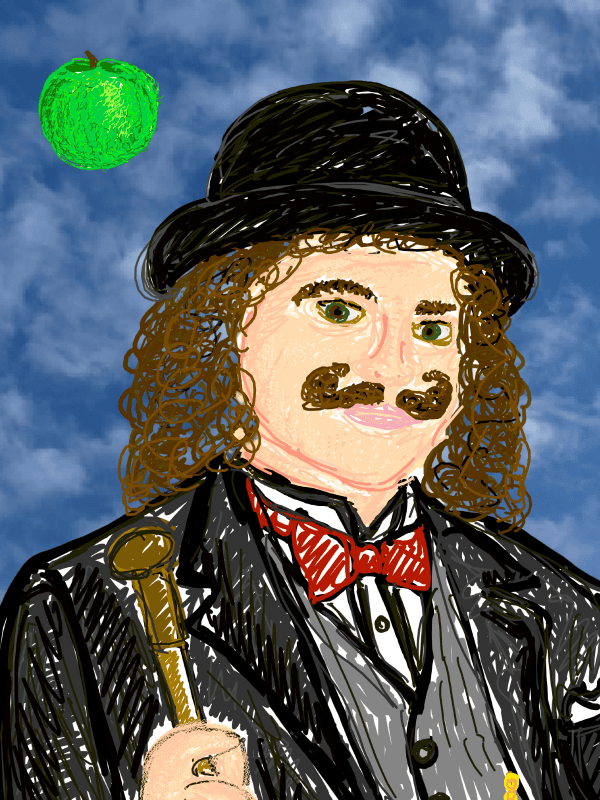 A colorful illustration of a man with curly hair and a mustache, dressed in a formal suit with a bow tie. He holds a cane and stands against a blue sky with a green apple in the corner.