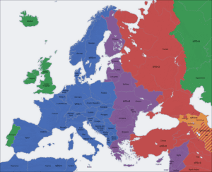 A color-coded map of Europe showing various time zones, with regions highlighted in blue, purple, red, and green. The map illustrates the differences in time zones across European countries.