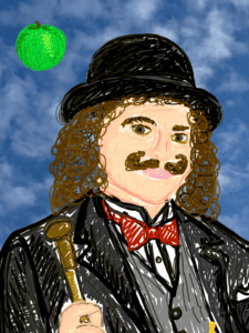 A colorful illustration of Hope with curly hair and a mustache, dressed in a formal suit with a bow tie. She looks like Hercule Poirot. She holds a cane and stands against a blue sky with a green apple in the corner. These motifs echo the surrealism of Magritte. 